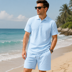 Men's Textured Polo Set Summer Casual Outfit